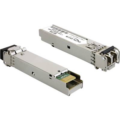 Two optical transceiver modules in a metallic housing, used for data transmission in network devices.