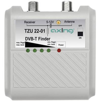 A DVB-T finder by Axing with signal strength indicator lights. Connections for receiver and antenna at the top, with an on/off switch.