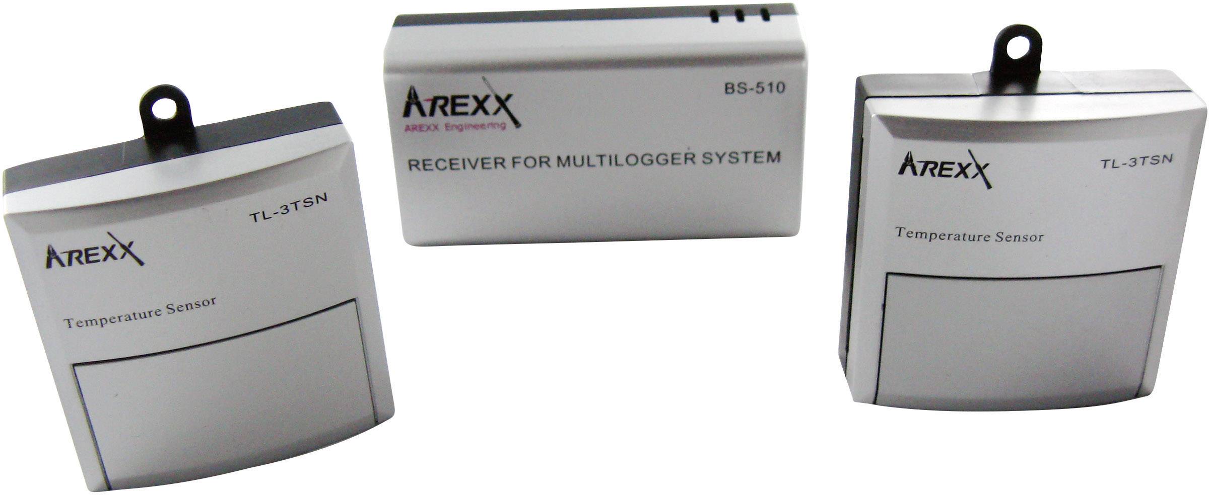 Three temperature sensors from Arexx for multi-logger systems. Two square sensors and one rectangular receiver are shown.