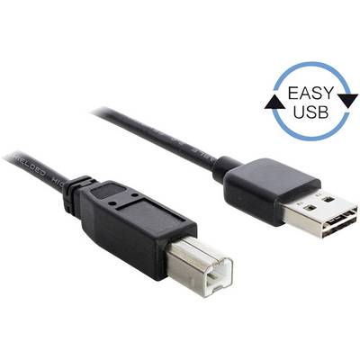 USB cable with simple USB connection logo. Plug types: USB-A (right) and USB-B (left), connects peripheral devices.