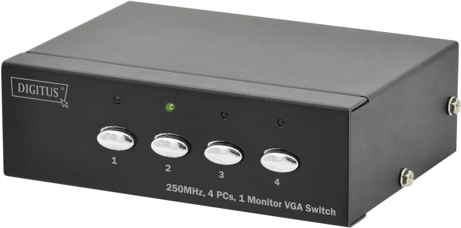 Black VGA switch by Digitus with 4 buttons, enables connection of 4 PCs to one monitor.
