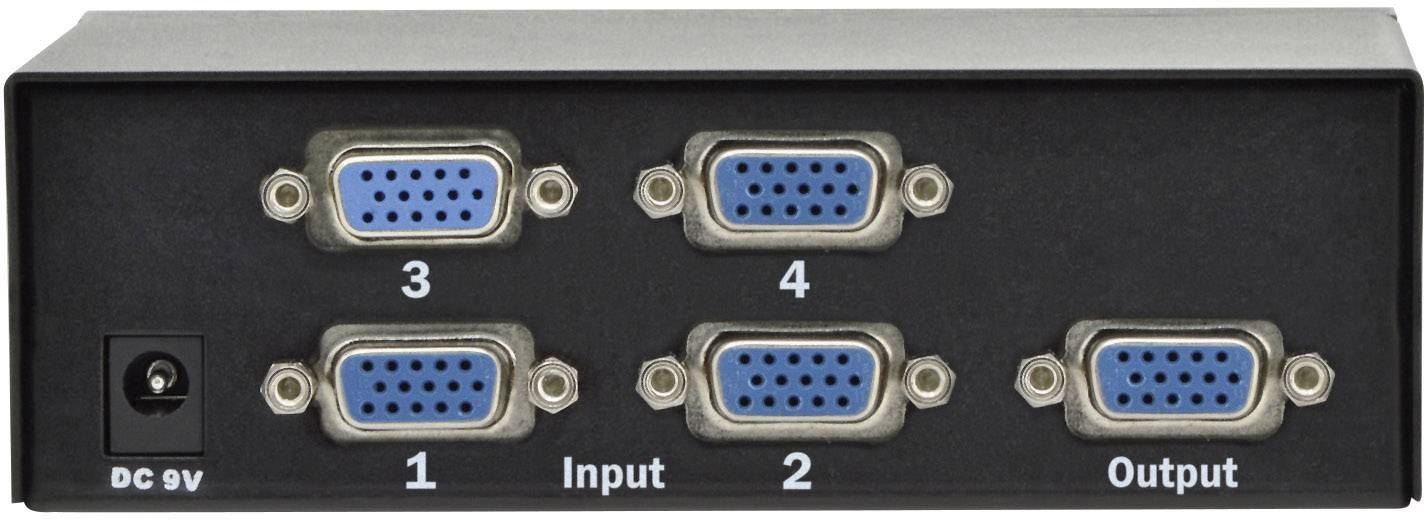 Back of a VGA splitter with four blue VGA ports, numbered 1 to 4, and a 'DC 9V' power input on the left side.