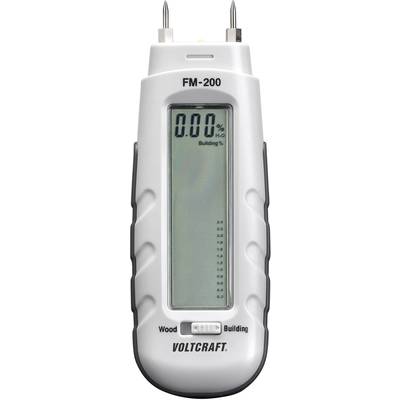 Moisture Meter for Wood and Construction, Voltcraft FM-200, displaying digital moisture reading of 0.00% on the screen.