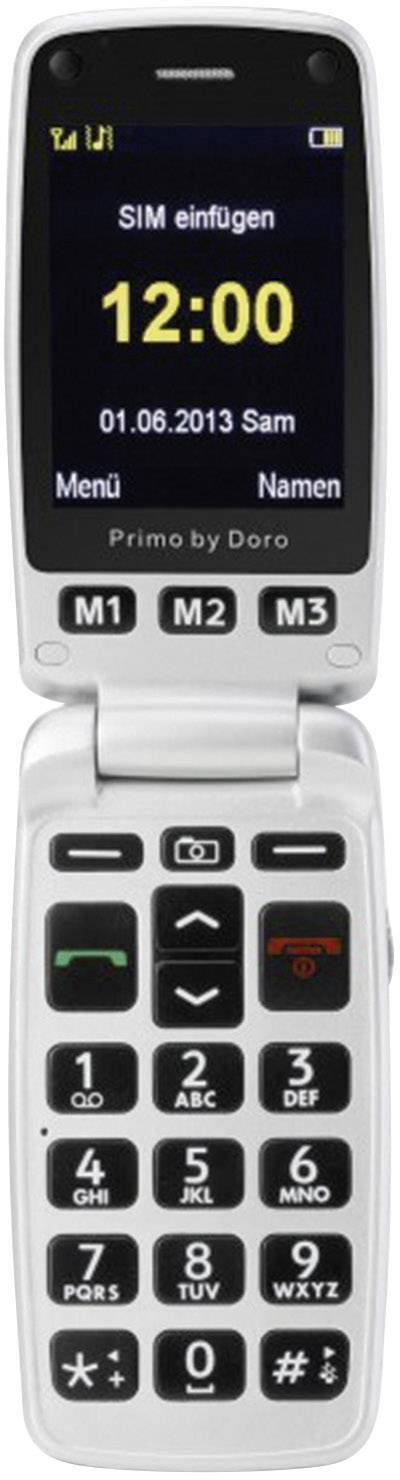 Silver flip mobile phone with a large display, showing 'Insert SIM' and time as 12:00. Buttons for numbers, SOS, and quick contacts.