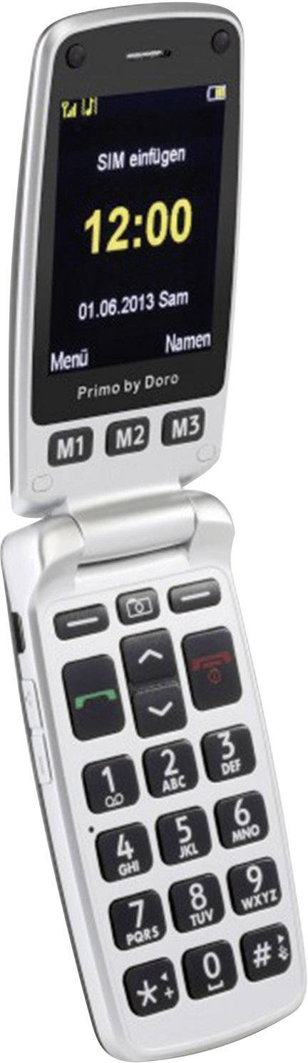 A silver flip mobile phone with large buttons and display. On the screen it reads 'Insert SIM', '12:00', and the date '01.06.2013'.
