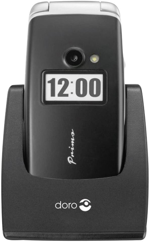 Mobile phone on charging dock displays '12:00' on the external screen. Brand name 'Primo' on the front.