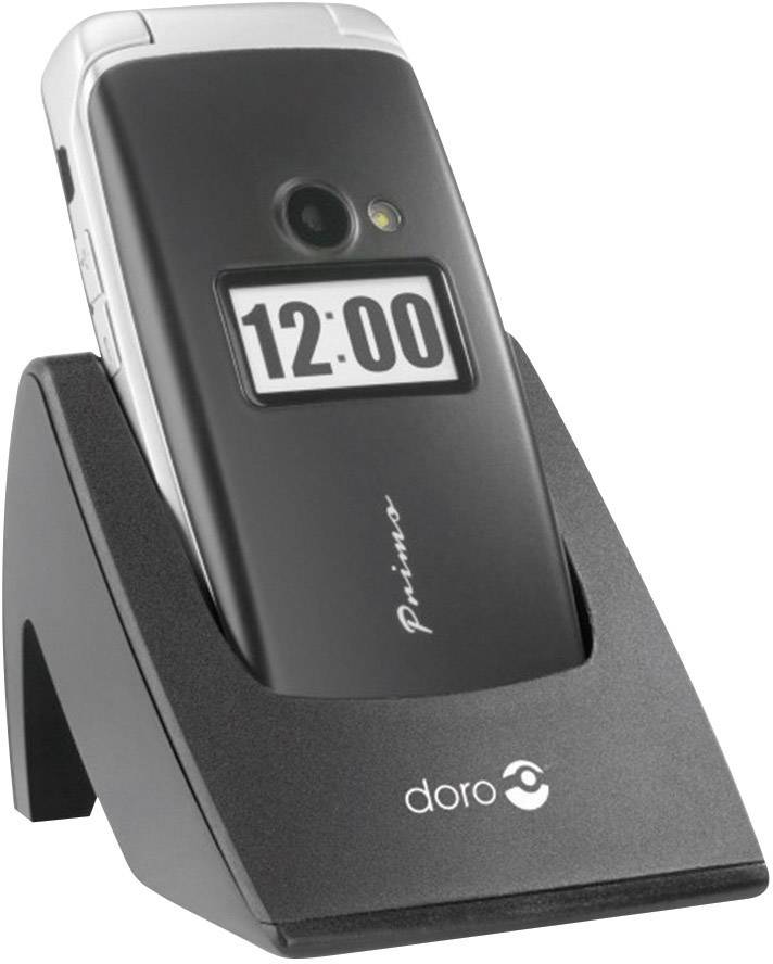 A black flip mobile phone with a large display, showing '12:00', sits in a Doro docking station.