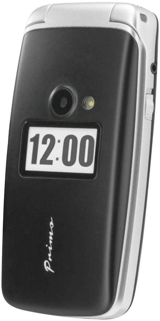 Black and silver flip mobile phone with digital clock display '12:00' on the outside.