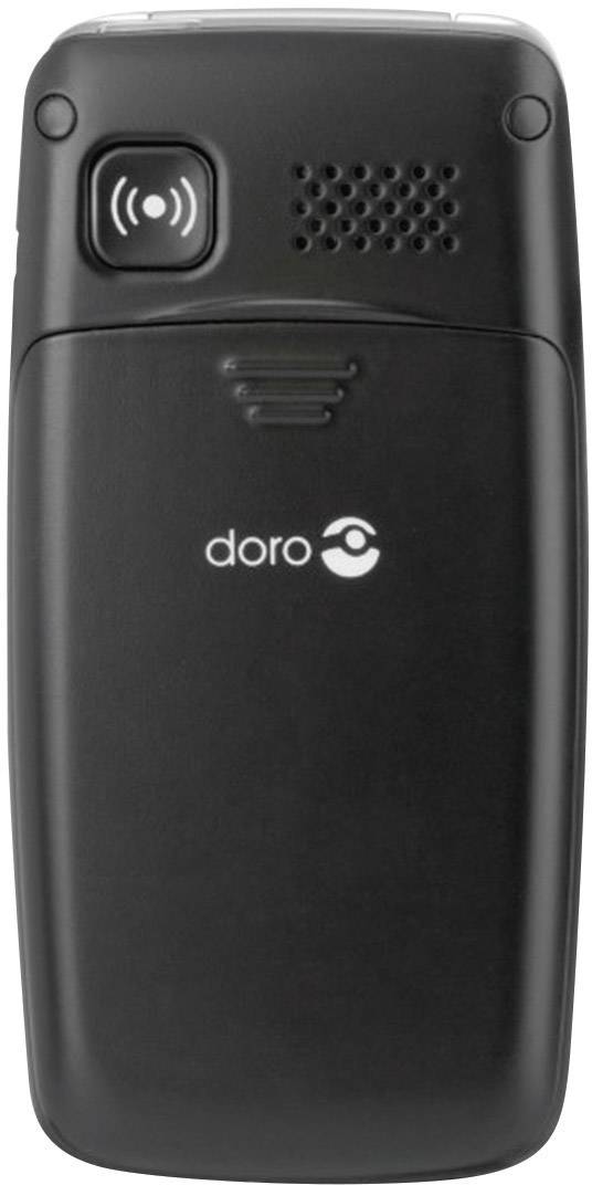 Black and grey closed flip phone viewed from the back, with 'doro' logo in the centre. Speaker openings and camera lens visible at the top.