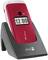 Red flip mobile phone with time display '12:00' on a black stand with 'doro' logo.