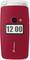 A red flip mobile phone with a camera and a small display on the front, showing the time '12:00'.