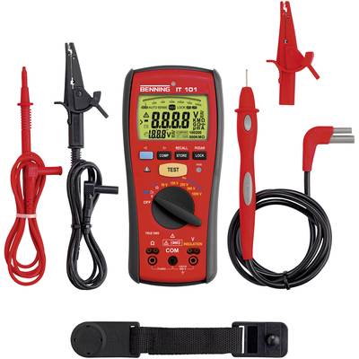 Digital multimeter with various measuring cables and accessories, including a red test lead, a black crocodile clip, and a holder.