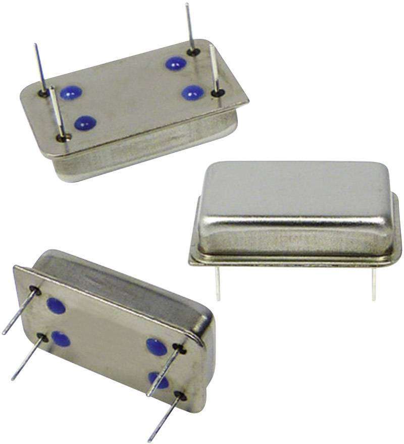 Three silver quartz crystal oscillators from different angles with metal casings and connecting wires.