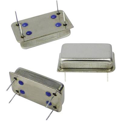 Three quartz crystals in different views. They have rectangular metal housings with protruding pins for mounting.