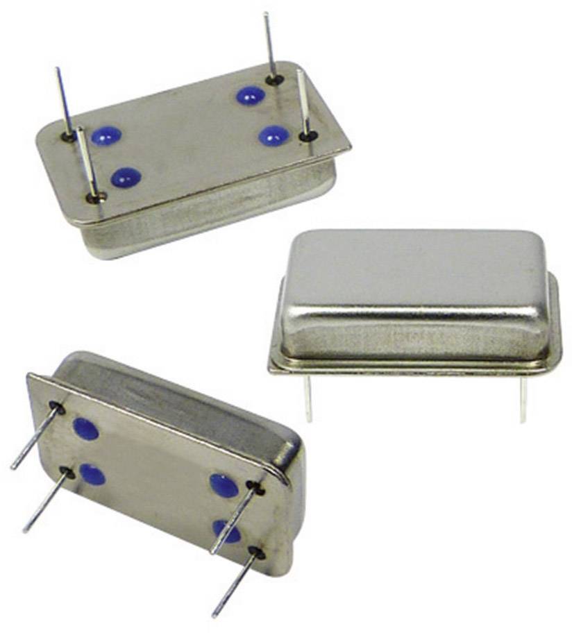 Three rectangular quartz oscillators on a white background. Each has a metal casing and four connecting wires.