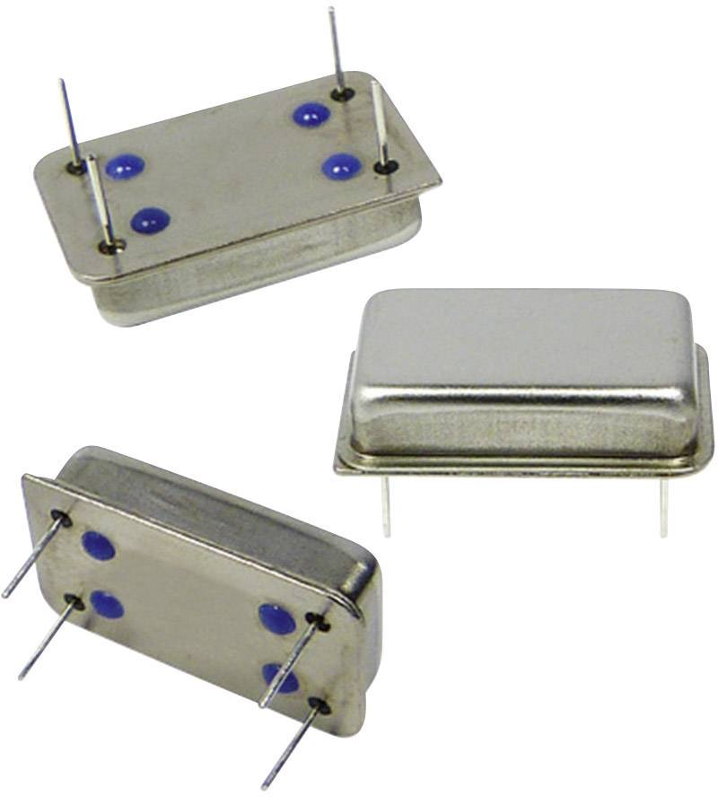 Three rectangular metal components with blue dots and protruding pins, presumably electronic quartz crystals, on a white background.