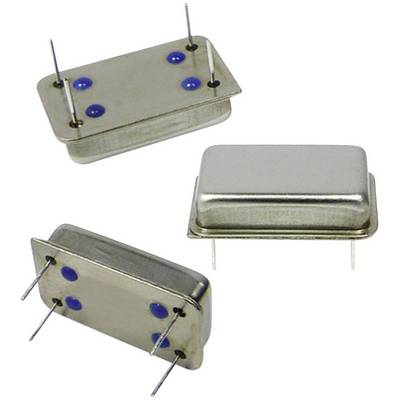 Three rectangular metal components with blue dots and protruding pins, presumably electronic quartz crystals, on a white background.