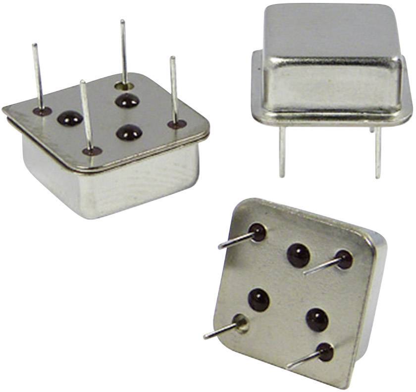 Three square electronic metal components with four protruding pins, displayed against a white background.