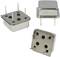 Three rectangular metal components with four connection pins, possibly electronic components, on a light background.