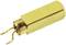 A gold-coloured electrical plug contact with two curved connecting wires.