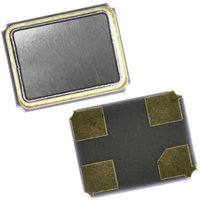 Two quartz oscillators with rectangular shape; one showing the metallic top surface, the other displaying the four golden contacts on the underside.