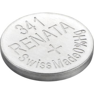 Silver button cell battery with the inscription '341 RENATA + 014 9 Swiss Made'.