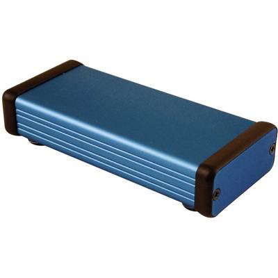 A blue, rectangular electronic enclosure with black corner caps.