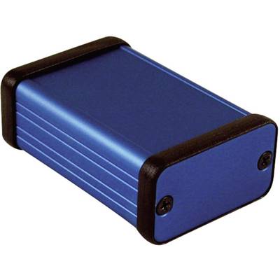 A rectangular, blue enclosure with rounded corners and black end caps, fitted with screws on the sides.