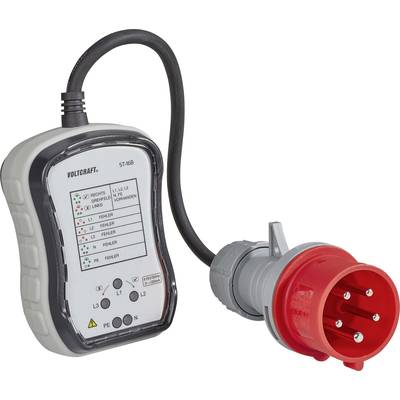 'Industrial socket tester, Model ST-16B, with LED indicators for fault diagnosis; red CEE plug for three-phase connections.'