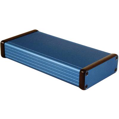 A rectangular, blue aluminium enclosure with black plastic end caps. It appears compact and robust.