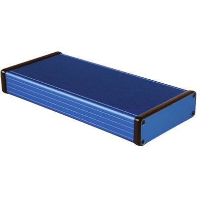 'A blue, rectangular metal enclosure with rounded black corners, suitable for electronic components or devices.'