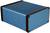A rectangular, blue, metallic enclosure with black edges and screws on the sides, presumably for electronic devices.