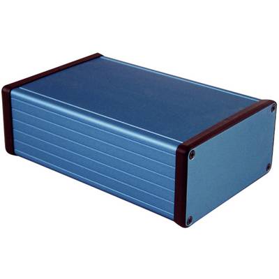 Blue metal enclosure with a rectangular shape and rounded edges. It is used for protecting electronic components.