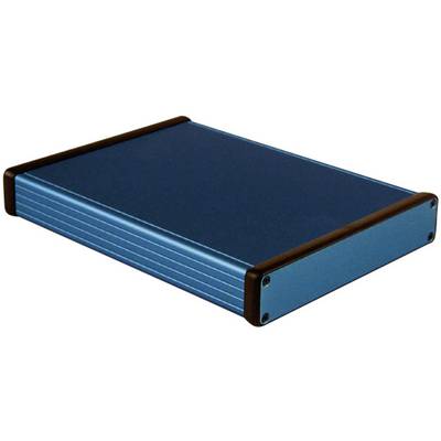 A blue, rectangular external hard drive enclosure made of metal with black edges.