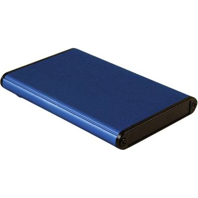 External hard drive in a blue casing, rectangular shape, with black edges. It is used for data storage.