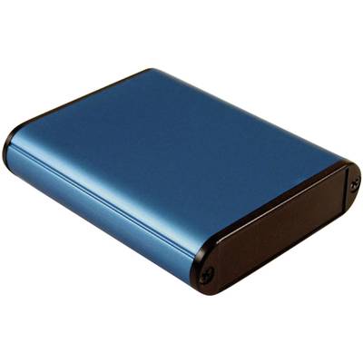 An external, blue hard drive enclosure with a black border in a rectangular shape.
