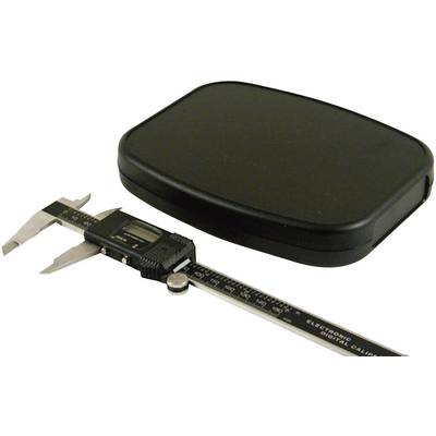 Digital calliper made of metal next to a closed, black case.