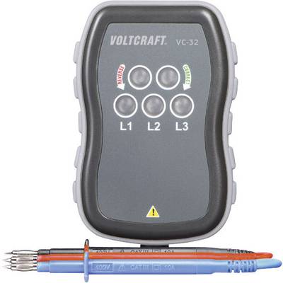 Voltcraft VC-32 Voltage Tester with three LED indicators (L1, L2, L3) and two test leads. Suitable for phase indication.