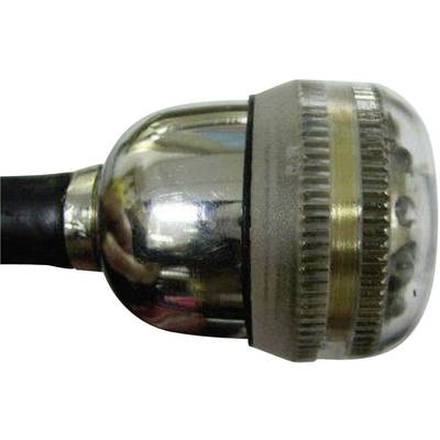 A chrome-plated shower head with a black water pipe.