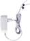 White charger with a long cable that is plugged into a socket. At the cable end, there are two connections: positive and negative.