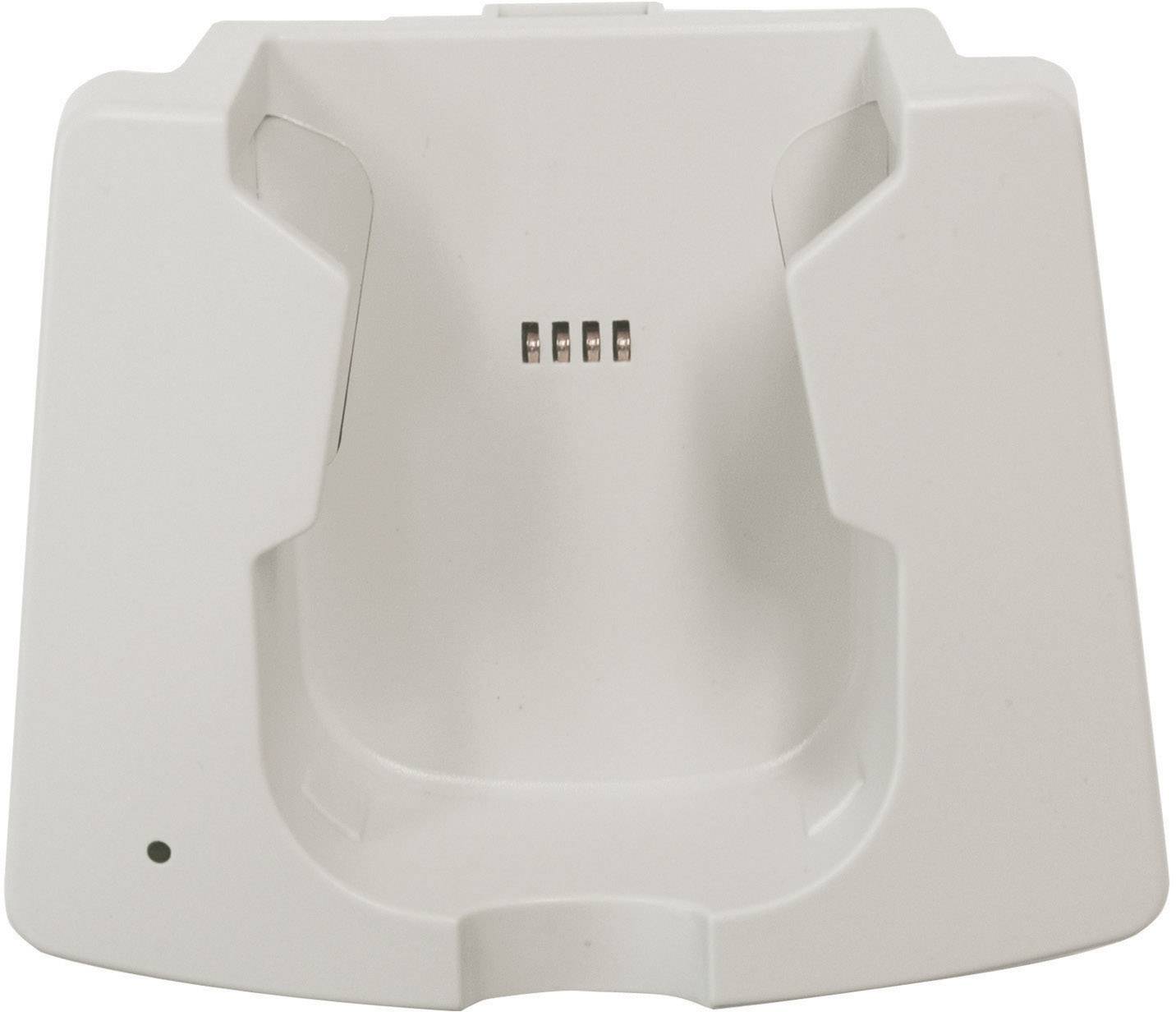 White plastic charging station with contacts in the middle, suitable for electronic devices or tools.