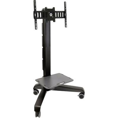 Movable black metal TV stand, suitable for flat-screen televisions, featuring a mount, height-adjustable pole and storage shelf.