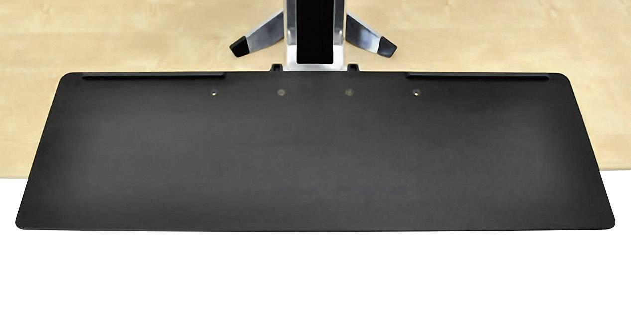 Black, rectangular keyboard tray mounted under a desk. Ideal for ergonomic working.