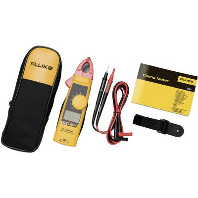 Digital current clamp meter from Fluke with case, test leads, instruction manual and hook-and-loop fastener, used for current measurement.