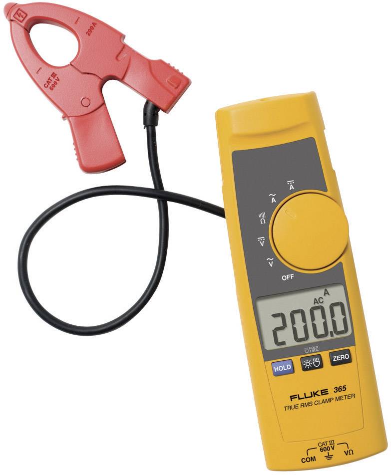A yellow ammeter with a digital display shows '200.0'. Connected red current clamp for electrical measurements.