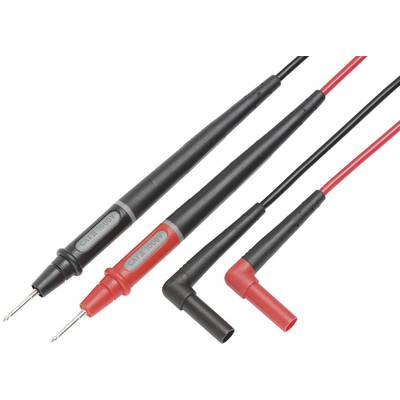 Two test leads, one black and one red, with pointed probes for use with a multimeter, on a white background.