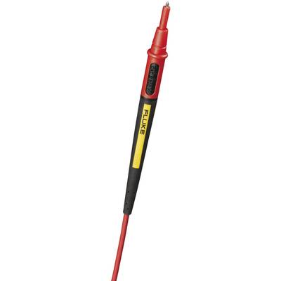 Red testing device with a black handle and yellow logo. Thin tip for precise measurements. Used in technical or electrical applications.