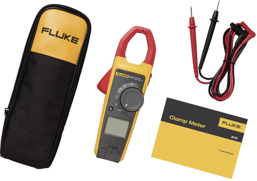 'Fluke Clamp Meter 373' with accessories: Carrying case, test leads, and operating manual. Main device in orange with display and measurement sensors.