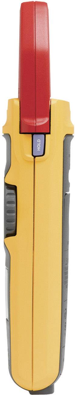 A standing yellow and red electronic hand tester with grey details, viewed from the side.