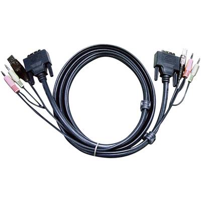 Black KVM cable with two VGA connectors and multiple audio plugs, used for connecting and switching between computers.